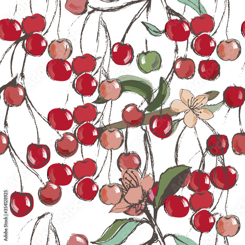 Vector seamless pattern with cherries .white background