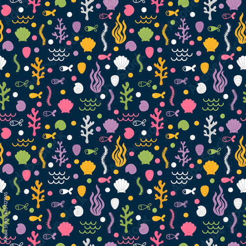 Underwater seamless pattern with hand drawn seaweeds, shells, fishes and corals. Under the sea. Summer. Cute marine background