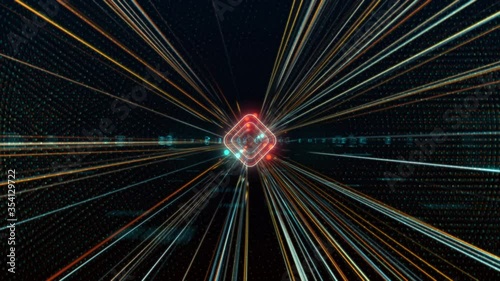 Transfer and storage of data sets/Abstract glowing tunnel. Virtual processor loading binary data.
Movement on the data download channel of the virtual motherboard of a computer. 3D Rendering
