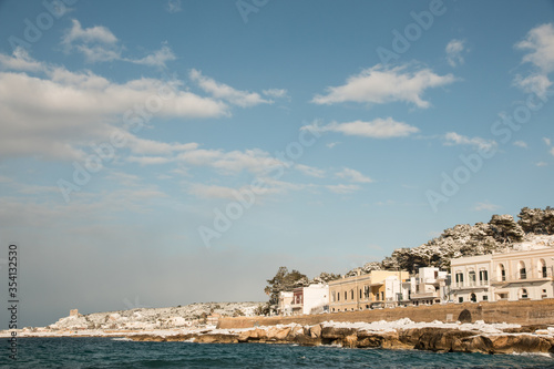 Santa Maria al Bagno after a exceptional snowfall, Salento, Italy