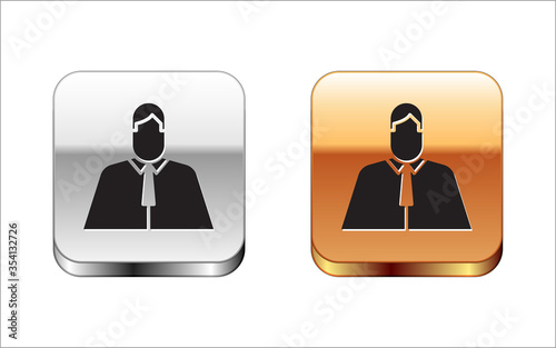 Black Lawyer, attorney, jurist icon isolated on white background. Jurisprudence, law or court icon. Silver-gold square button. Vector Illustration.
