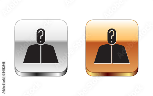 Black Anonymous man with question mark icon isolated on white background. Unknown user, incognito profile, business secrecy, obscurity. Silver-gold square button. Vector Illustration.