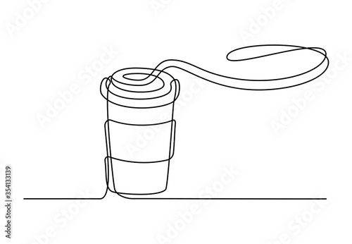 Сontinuous one line paper cup of coffee. Coffee to go theme, simple sketch hand drawing linear icon, cup of coffee with steam made of one line. Vector illustration