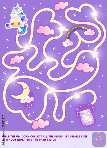 Help the Rainbow Unicorn collect all the stars in a single line without repeating the path twice. Color maze or labyrinth game for preschool kids. Puzzle. Tangled road with answer or key