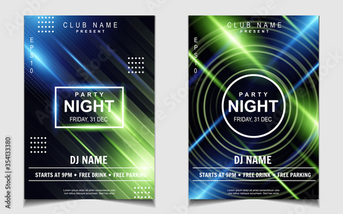 Night dance party music poster flyer layout design template background with neon light and dynamic style. Colorful electro style vector for concert disco, club party, event invitation, cover festival