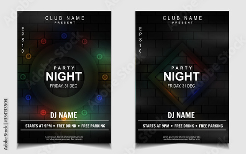 Night dance party music poster flyer layout design template background with neon light and dynamic style. Colorful electro style vector for concert disco, club party, event invitation, cover festival