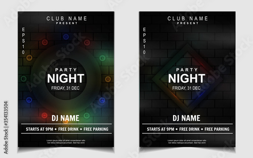 Night dance party music poster flyer layout design template background with neon light and dynamic style. Colorful electro style vector for concert disco  club party  event invitation  cover festival