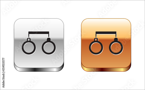Black Handcuffs icon isolated on white background. Silver-gold square button. Vector Illustration.