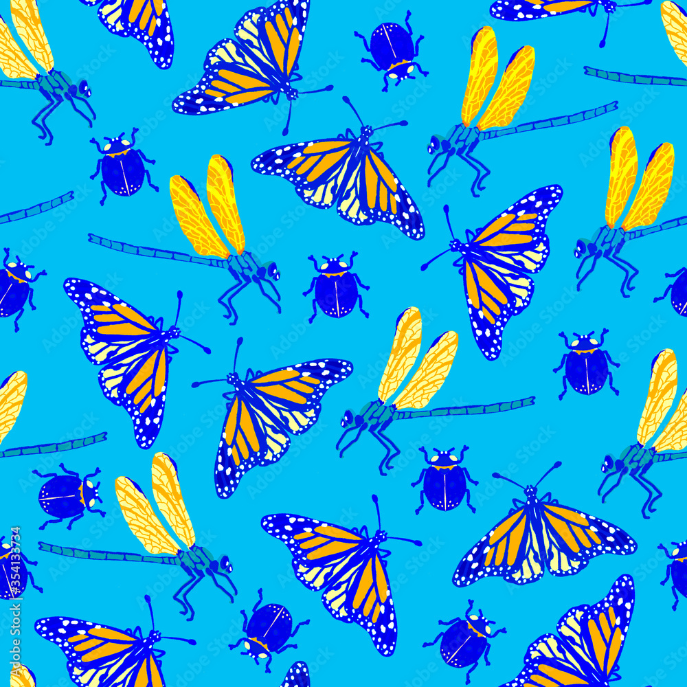 Seamless summer pattern with butterflies and dragonflies