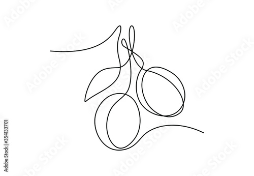 Plum fruits continuous one line drawing isolated on white background. Minimalist wall art. Single line drawing botanical theme for logo and posters. Vector illustration