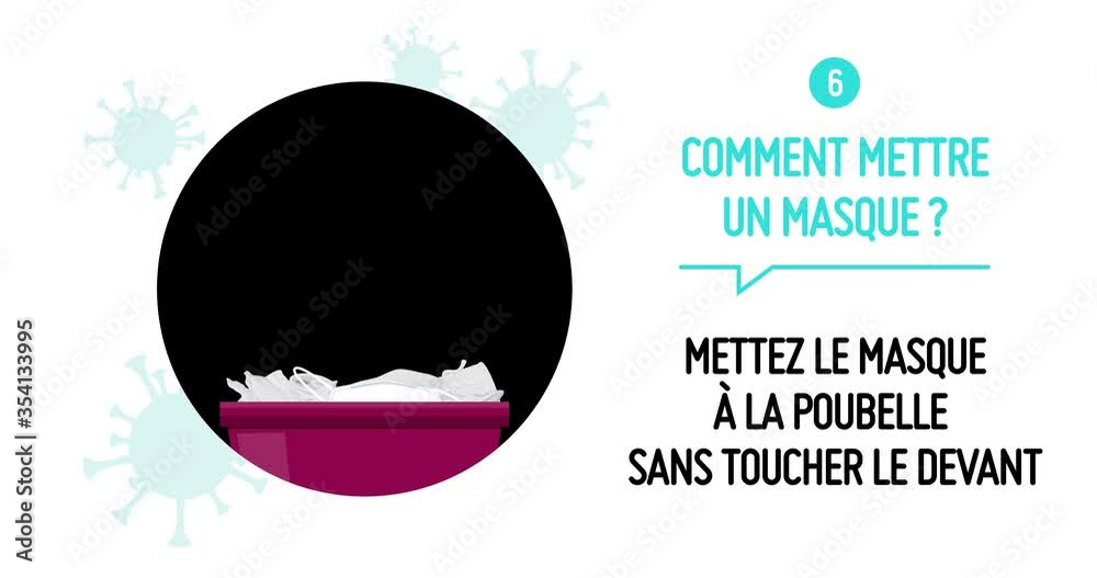 Coronavirus tips: How to wear a surgical mask properly. Comment mettre un masque : 6. Mettez le masque à la poubelle sans toucher le devant. French language. Safety advice animation 