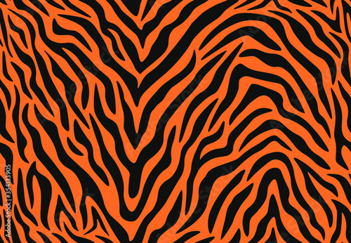 Tiger print seamless pattern. Tiger stripes, abstract backdrop with irregular shapes. Trendy animalistic texture for textile, print, fabric, apparel, wallpaper, wrapping. Vector illustration