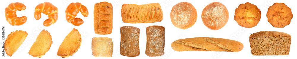 Big set of fresh baked goods isolated on white Big set of fresh baked goods isolated on white