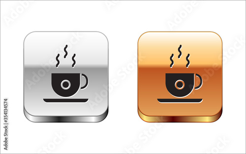 Black Coffee cup icon isolated on white background. Tea cup. Hot drink coffee. Silver-gold square button. Vector Illustration.