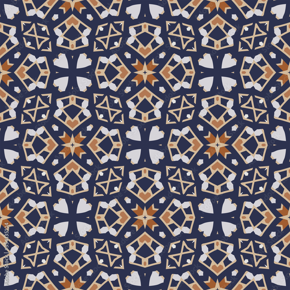 Creative color abstract geometric pattern in blue, gray and orange, vector seamless, can be used for printing onto fabric, interior, design, textile.