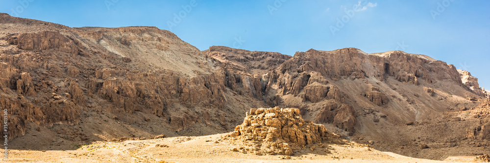 Caves of Qumran, manuscripts of the Dead Sea. Web banner in panoramic view.