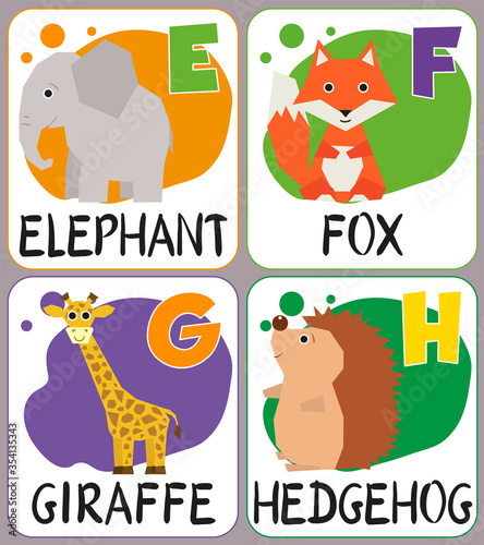 ABS. Part 2 of the full english alphabet with cute animals for children education. Letters E, F, G, H and funny zoo hand-drawn characters. Elephant, fox, giraffe, hedgehog. Vector cartoon illustration