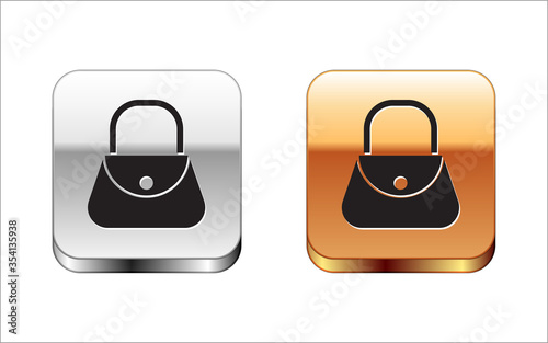 Black Handbag icon isolated on white background. Female handbag sign. Glamour casual baggage symbol. Silver-gold square button. Vector Illustration.