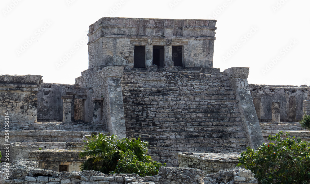 Close view of the highest temple(castle) situated in the ancient Mayan city of Tulum in Quintana Roo, Mexico.