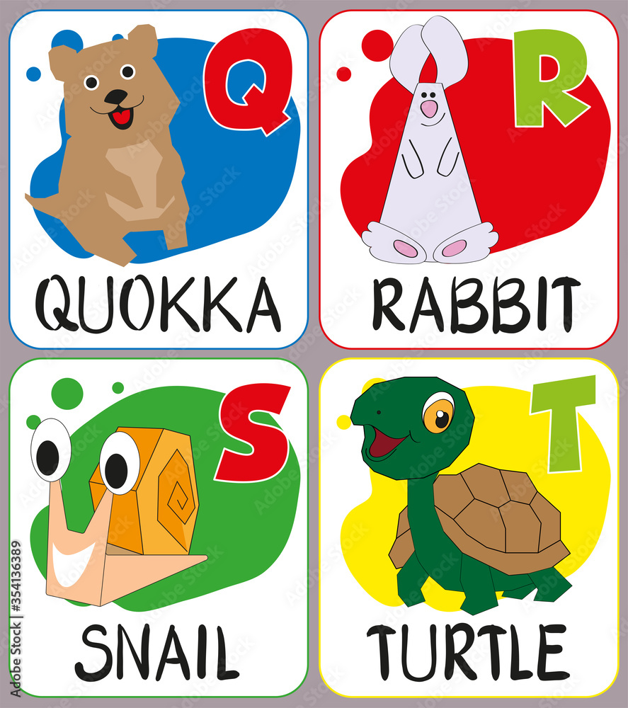 Fototapeta premium ABS. Part 5 of the full english alphabet with cute animals for kids education. Letters Q, R, S, T and funny zoo hand-drawn characters. Quokka, rabbit, snail, turtle. Vector cartoon illustration.