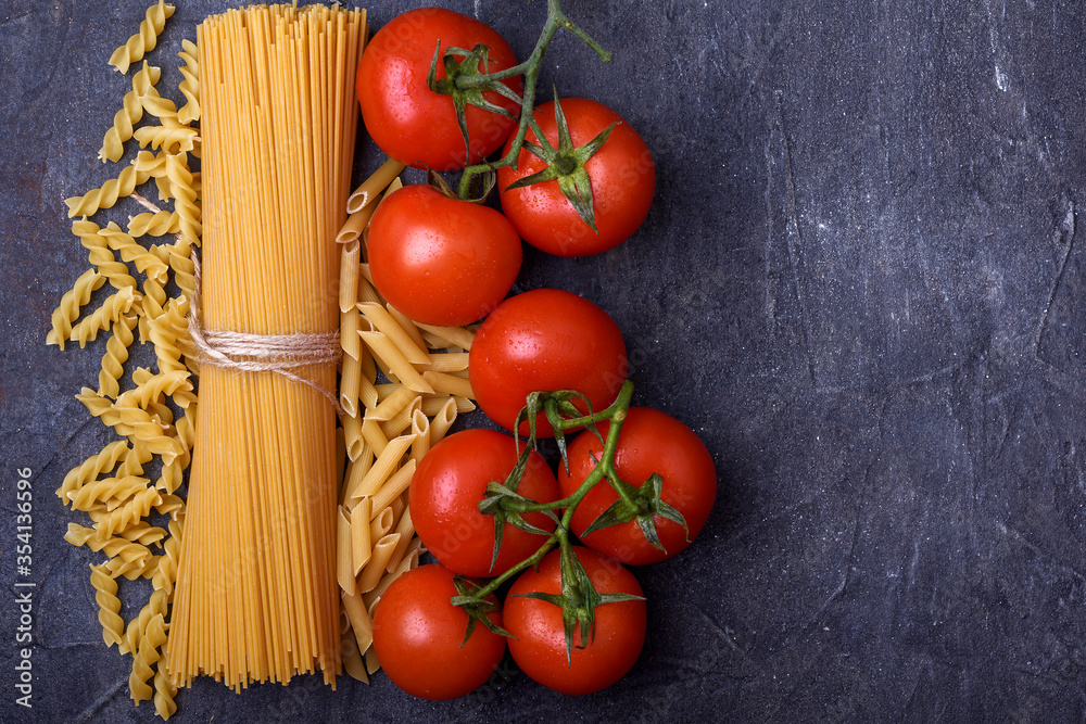 Spaghetti, tomatoes and basil, italian food background Spaghetti, tomatoes and basil, italian food background