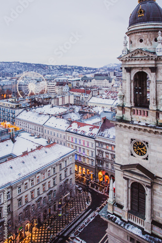 View of Budapest from St. Stephens Basilica, Budapest, Hungary on a snowy foggy day
