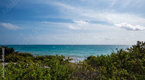 Beautiful view of the Ocean and nature from the ancient Mayan city of Tulum in Quintana Roo  Mexico.