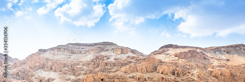 Caves of Qumran, manuscripts of the Dead Sea. Web banner in panoramic view.