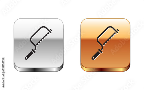 Black Hacksaw icon isolated on white background. Metal saw for wood and metal. Silver-gold square button. Vector Illustration.