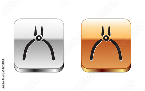 Black Pliers tool icon isolated on white background. Pliers work industry mechanical plumbing tool. Silver-gold square button. Vector Illustration.