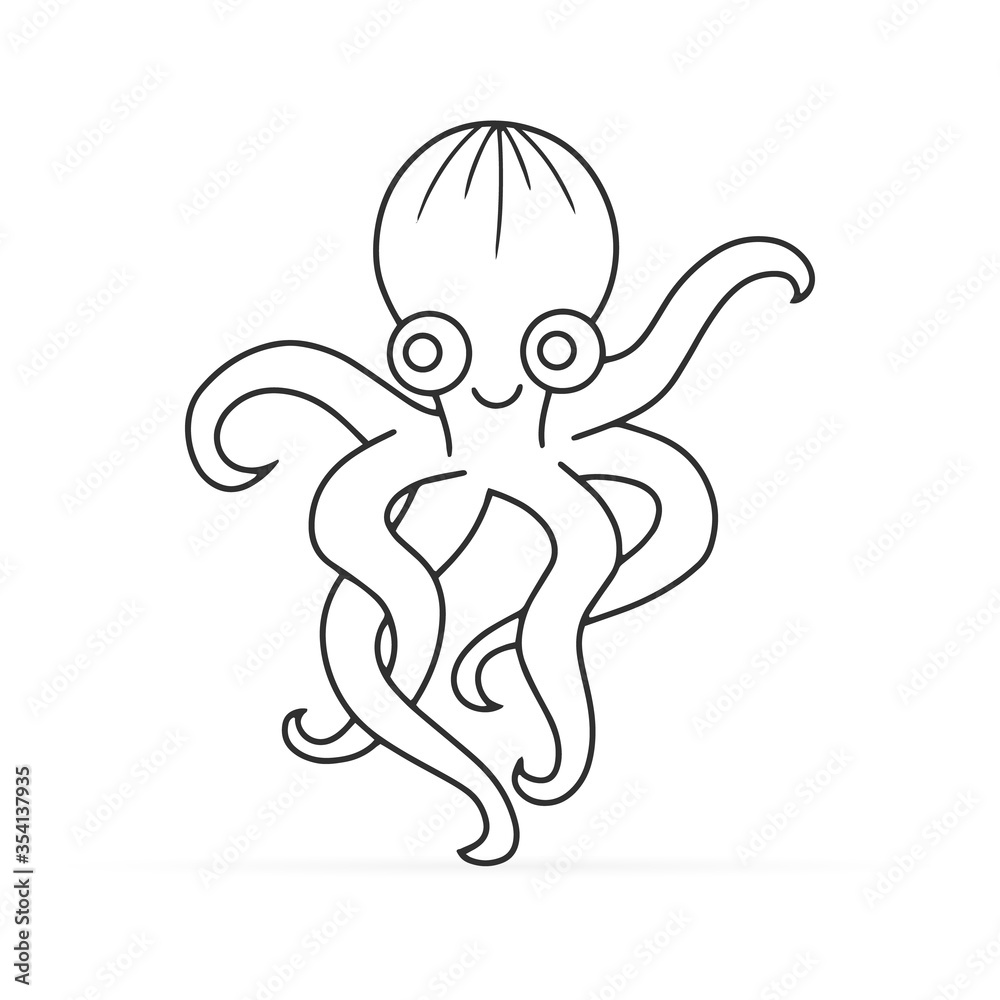 Obraz premium Outline underwater animal isolated on white. Octopus sketch hand drawing art line. Coloring page book. Outline sea life. Vector stock illustration. EPS 10