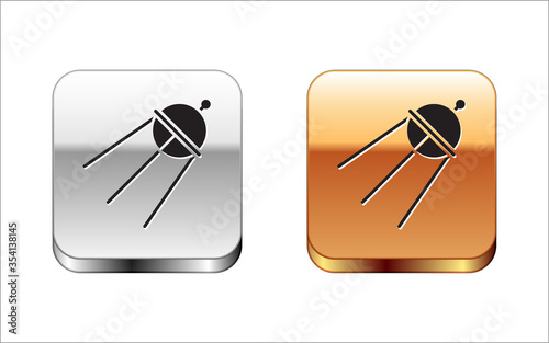 Black Satellite icon isolated on white background. Silver-gold square button. Vector Illustration.