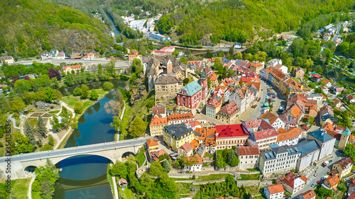 Obraz na płótnie Panoramic view on a small Czech town around Loket castle and river Ohri, near Karlovy Vary, Czech Republic