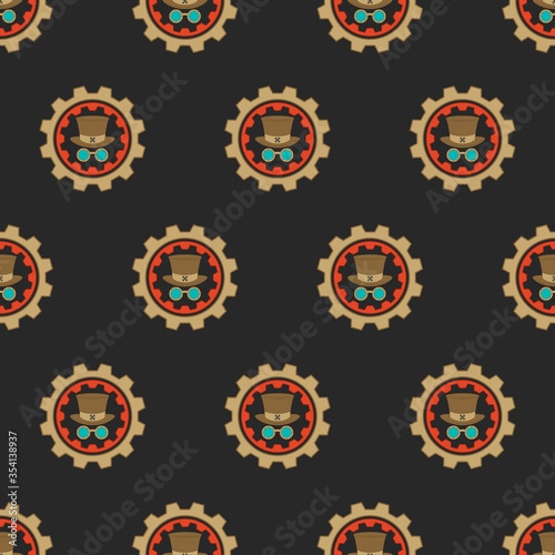 Vector seamless pattern. Steampunk concept, vintage, bowler hat, glasses inside the gears, on a dark gray background. For packaging, prints, web.