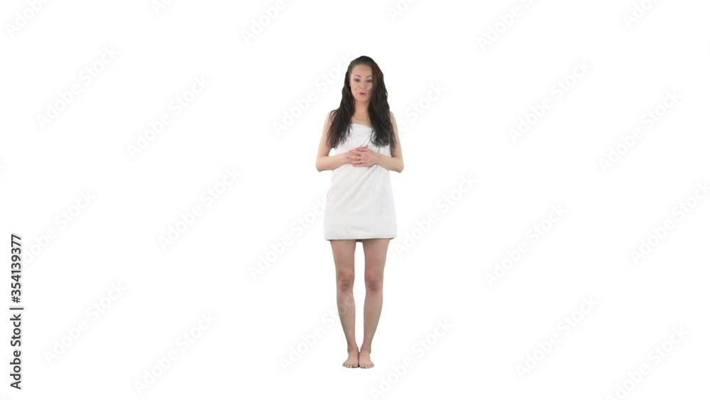 Happy young talkative woman talking and explaining to camera announcing and gesticulating with hands isolated on solid white background. Happy young talkative woman talking and explaining to camera announcing and gesticulating with hands isolated on solid white background.