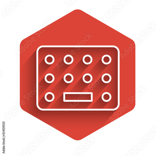 White line Pills in blister pack icon isolated with long shadow. Medical drug package for tablet, vitamin, antibiotic, aspirin. Red hexagon button. Vector Illustration.