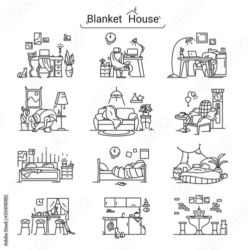 Rooms set of line icons.Kitchen, living room, bedroom, home workplace signs collection.Modern apartment furniture and accessories.Home interior, lifestyle concept.Vector illustration.Editable stroke