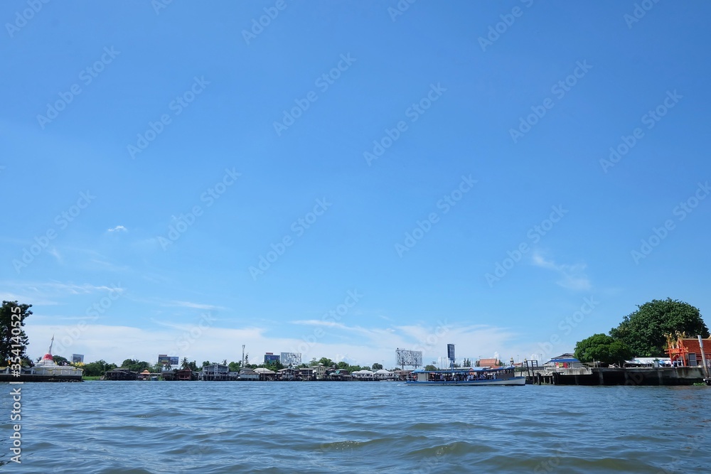 River waves against blue sky white fluffy clouds in evening at Koh-kret,Nonthaburi,Thailand