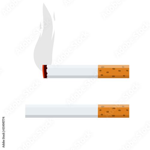 Cigarette. Smoking and a cigarette butt with smoke. Bad habit. Set of Horizontal objects. Harm and health. Flat cartoon illustration isolated on white