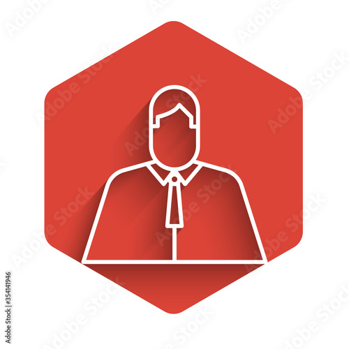 White line Lawyer, attorney, jurist icon isolated with long shadow. Jurisprudence, law or court icon. Red hexagon button. Vector Illustration.