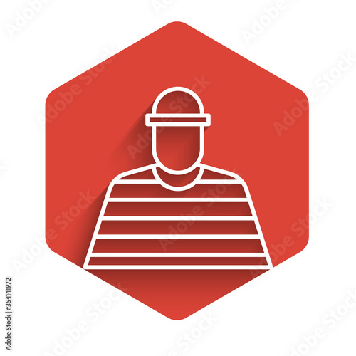 White line Prisoner icon isolated with long shadow. Red hexagon button. Vector Illustration.