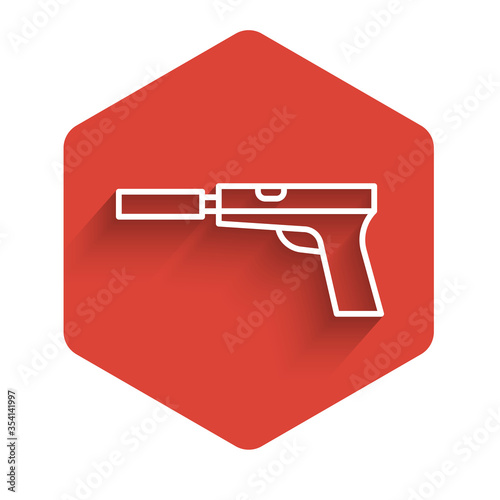 White line Pistol or gun with silencer icon isolated with long shadow. Red hexagon button. Vector Illustration.