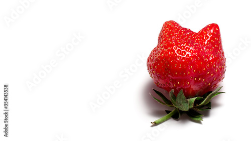 Trendy ugly food fresh red cat shaped strawberry on white isolated background with hard shadows and copy space. Misshapen produce, food waste problem concept