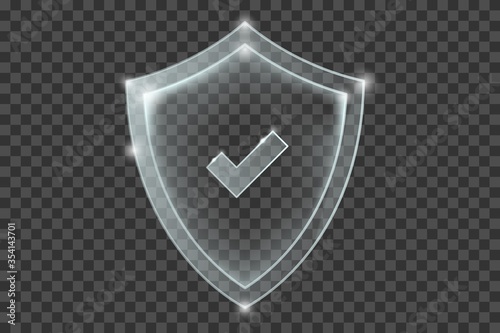 Transparent shiny shield with check mark symbol inside. Realistic protection sign. White security plate with reflections and light sparkles. Vector illustration isolated on transparent background.