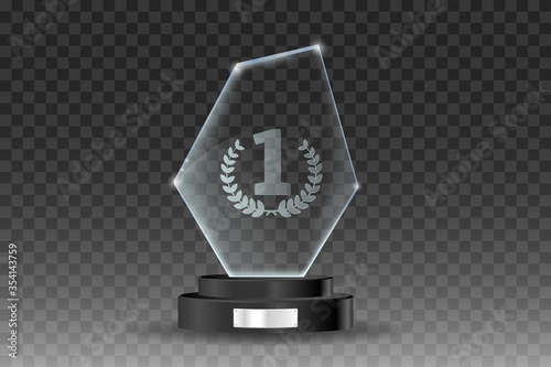 Glass trophy award. Shiny glass form on a black stand with shiny silver plate with copy space. Vector illustration of shiny award isolated on transparent background.