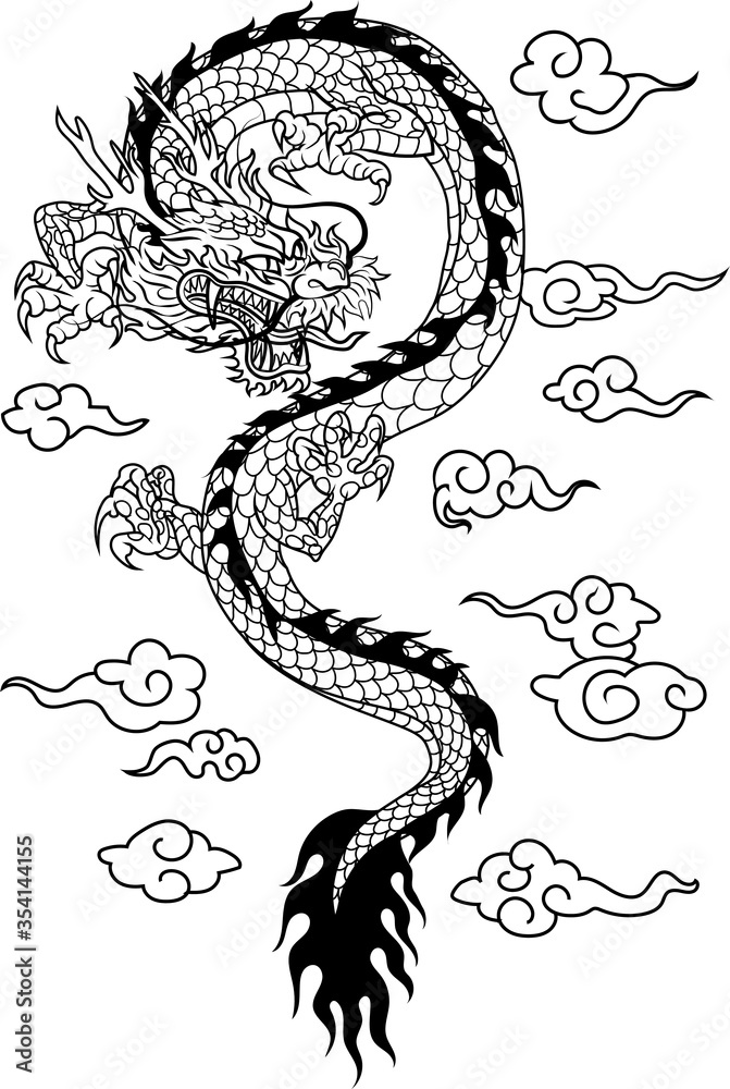 Hand drawn dragon.Chinese dragon tattoo.Traditional Japanese dragon.Dragon coloring book.black and white