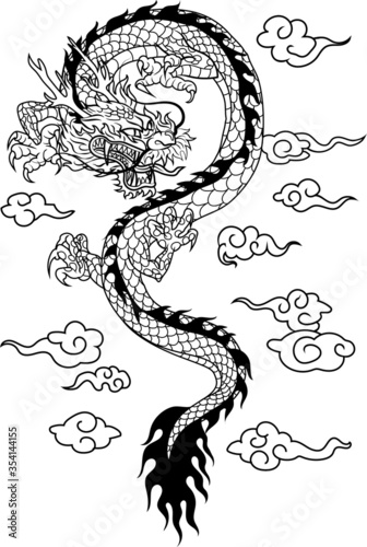 Fototapeta Naklejka Na Ścianę i Meble -  Hand drawn dragon.Chinese dragon tattoo.Traditional Japanese dragon.Dragon coloring book.black and white