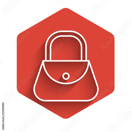 White line Handbag icon isolated with long shadow. Female handbag sign. Glamour casual baggage symbol. Red hexagon button. Vector Illustration.