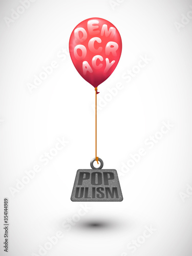 Democracy and populism interaction symbolic vector illustration, abstract metaphor of public policy in the time of post-truth and disinformation