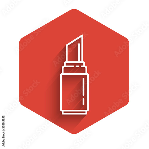 White line Lipstick icon isolated with long shadow. 8 March. International Happy Women Day. Red hexagon button. Vector Illustration.